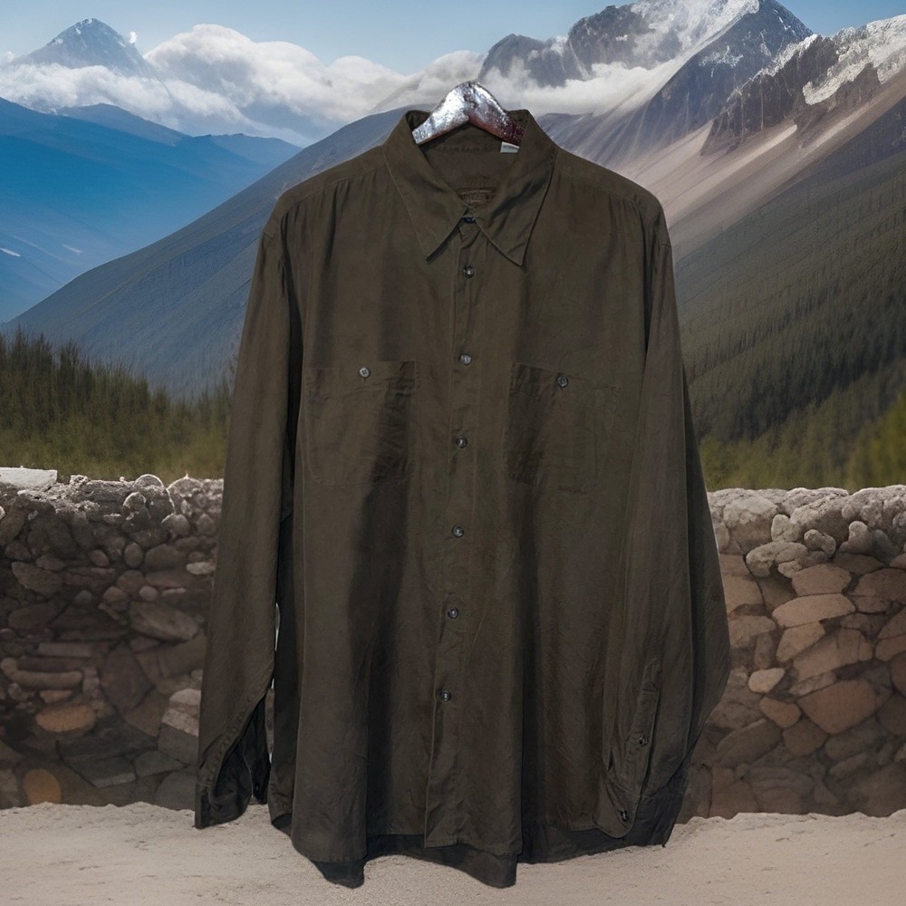 Barry Bricken Shirt Men XXL Green 100% Silk Airplane Inner Logo Long Sleeve